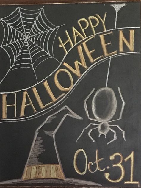 Spider Chalkboard Art, Halloween Whiteboard Ideas, Whiteboard Art Halloween, Cute Halloween Chalkboard Ideas, Halloween Blackboard Chalk Art, Happy Halloween Chalkboard Ideas, Chalkboard Designs Fall, Chalk Marker Window Art, Halloween Chalkboard Ideas Chalk Art