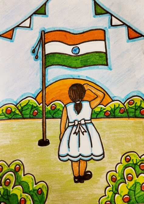 Republic Drawing For Kids, 15 August Project For Kids, 15th August Independence Day Poster Drawing, Independence Day Flag Drawing, Drawing Related To Republic Day, Indepands Day Drawing, Patriotic Drawings Easy, Indipendente Day Name Art, Independence Day Drawing Easy For Kids