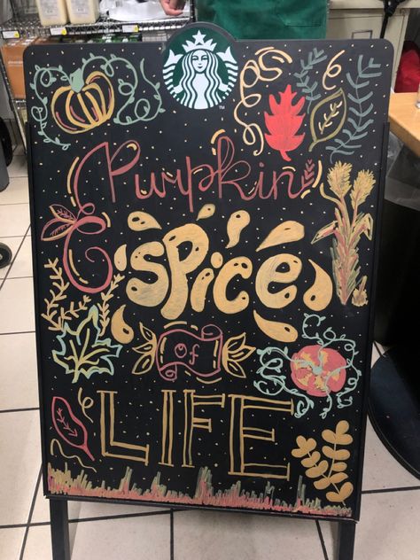 starbuck chalkboard “pumpkin spice of life” autumn themed with pumpkins, wheat, leaves, and swirls Starbucks Fall Board, Fall Chalkboard Art Starbucks, Fall Restaurant Chalkboard, Fall Menu Board, Pumpkin Chalk Art, Pumpkin Spice Chalkboard Art, Coffee Chalkboard Ideas, November Chalkboard Art, Pumpkin Chalkboard Art