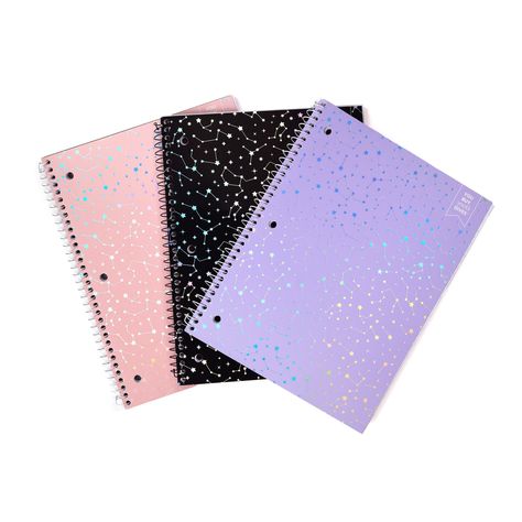 Reach for the Stars! This three pack of colorful spiral bound notebooks feature exciting holographic constellation designs, with one pink, one lavender and one black notebook in the set; complete assignments, store handouts and more in style Binder-Compatible 1-Subject Notebooks: Built to withstand wear and tear, these Cute Spiral Notebooks, Pretty School Supplies, Black Notebook, Stationary Craft, Cute Stationary School Supplies, Barbie Sewing Patterns, Stationery Essentials, Cute Journals, Beautiful Notebooks