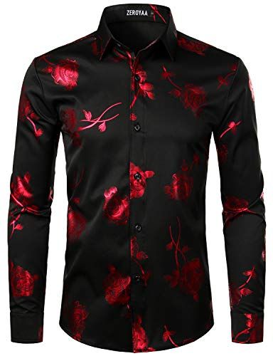 ZEROYAA Mens Hipster 3D Rose Deign Slim Fit Long Sleeve Button Up Dress Shirts ZZCL22 Black Red Large - FrenzyStyle