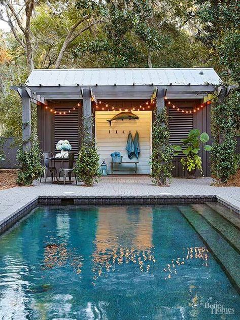 Great inspiration for a poolside Tuff Shed changing room! It would be great to add a little bar off to the side too. Pool Cabana Ideas, Outdoor String Lights Patio, Pool Shed, Outdoor Pavilion, Patio String Lights, Pool Cabana, Cozy Backyard, Small Pools, Renzo Piano