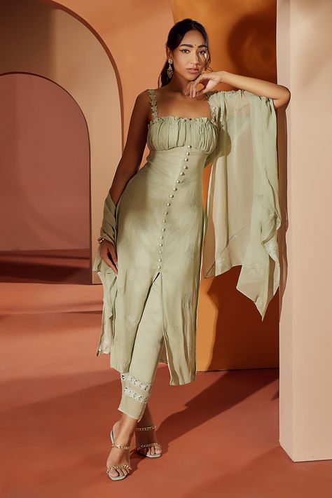 Buy Green Georgette Machine Aarya Kurta Pant Set For Women by SAANJH BY LEA Online at Aza Fashions. Luxury Pista Green Sets With Floral Embroidery, Luxury Fitted Pista Green Sets, Luxury Unstitched Sets In Pista Green, Luxury Pista Green Sets For Spring, Luxury Pista Green Sets For Summer, Luxury Pista Green Embroidered Sets, Strap Kurti Designs, Straight Kurti Designs, New Suit Design