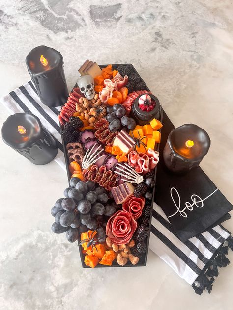 #halloween #spooky #sookycharcuterie #charcuterie #festivecharcuterie #cheeseboard #meatandcheese 40th Birthday Halloween Cake, Halloween Coffin Charcuterie Board, 30th Birthday Ideas For Women Halloween, Birthday Ideas 30 Women, 30th Birthday Appetizers, Rip Miss Bachelorette, Goth 30th Birthday, 30th Birthday Food Ideas, Halloween 30th Birthday Party