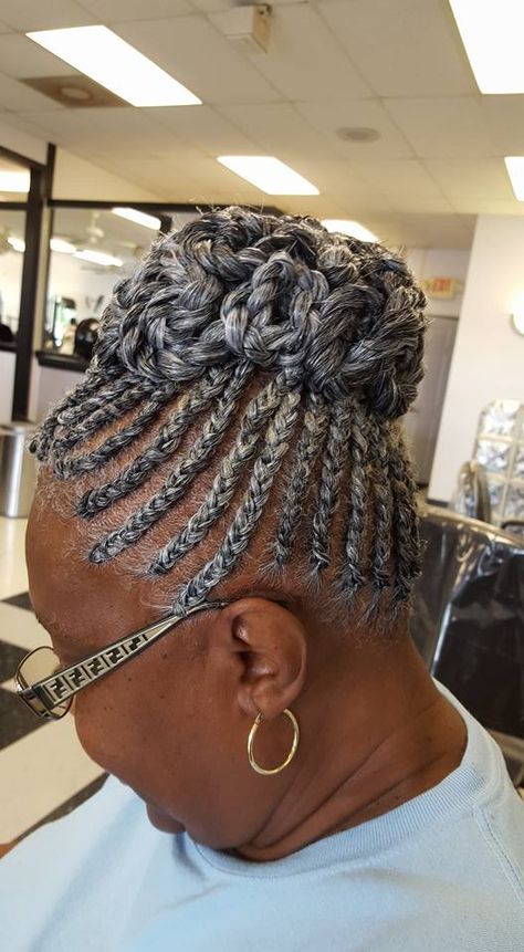 Elderly Black Women Hairstyles, Grey Hair Braids Black Women, Afrocentric Hair, Grey Hair Braids, Cornrows Updo, Cornrows Braids For Black Women, Two Braid Hairstyles, Black Hair Updo Hairstyles, Natural Braided Hairstyles