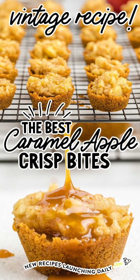 Caramel Apple Crisp Bites are a fun play on a classic fall dessert. This recipe is so yummy and makes for the best mini apple crisp bites. Each bite is bursting with gooey, warm apple filling and drizzled caramel, all inside a crunchy graham cracker crust. Caramel Apple Crisp Bites, Caramel Apple Bites Recipe, Apple Crumble Individual Desserts, Fall Dessert Tray Ideas, Green Apple Caramel Dessert, Kraft Caramel Bits Recipes Apples, Carmel Apple Bites With Rolos, Apple Tarts Mini, Mini Carmel Apples Bites