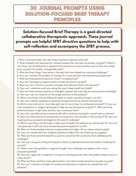 Solution-focused Brief Therapy is a goal-directed collaborative therapeutic approach. These journal prompts use helpful SFBT directive questions to help with self-reflection and accompany the SFBT process. Solution Focused Therapy Activities, Solution Focused Therapy Questions, Therapy Journaling Prompts, Therapy Journal Prompts, Therapist Notes, Therapy Prompts, Self Esteem Building Activities, Family Therapy Activities, Counselling Tools