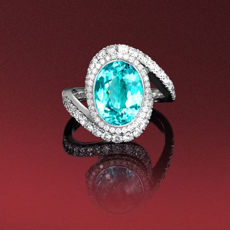 Oval electric blue Paraiba Tourmaline 3/03cts and diamond ring in 18ct white gold Month Chart, Paraiba Ring, Month Name, Paraiba Tourmaline Ring, Oval Stone Ring, Large Stone Rings, Birthstones By Month, Blue Topaz Engagement Ring, Colored Stone Rings