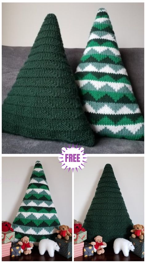 Knit Christmas Tree Cushions Free Knitting Pattern Tree Cushions, Christmas Tree Knitting Pattern, Knit Christmas Tree, Ideas Decoracion Navidad, Christmas Knitting Projects, Christmas Knitting Patterns Free, Holiday Knits, Knit Christmas, Christmas Tree Pillow