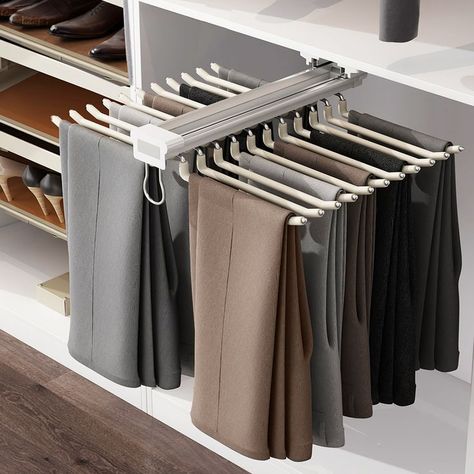 Pants Rack Closet, Trouser Rack Wardrobe, Wardrobe Pants Hanger, Wardrobe Trousers Storage, Trouser Hanger Wardrobe, Scarf Wardrobe Storage, Closet Scarf Storage, Closet Designs Small Bedroom Wardrobes, Luggage Storage Ideas Closet