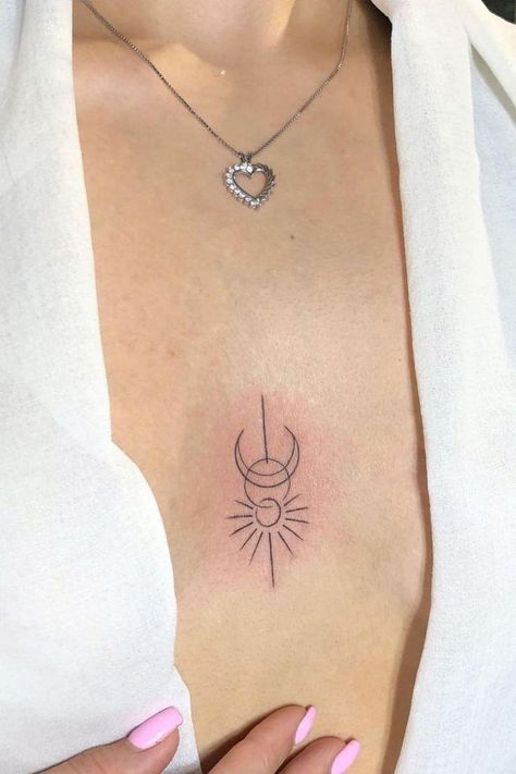 Minu Tattoo Ideas, Moon Tattoo On Chest Women, Tattoo Ideas Female Middle Of Chest, Sun And Moon Chest Tattoo Female, Sun Chest Tattoo Female, Fine Line Sun And Moon Tattoo, Moon Chest Tattoo Female, Sun Moon Rising Tattoo, Moon Tattoo Chest