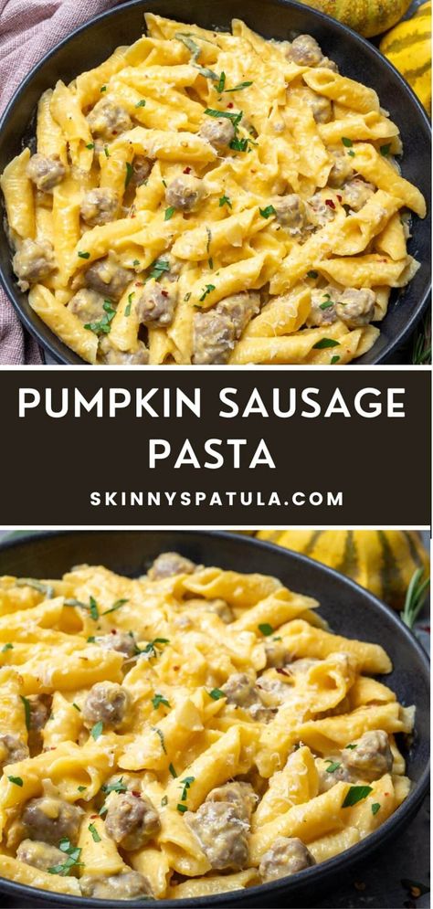 Rachael Ray Pumpkin Sausage Pasta, Pumpkin Italian Sausage Pasta, Light Sausage Pasta, Pumpkin Sage Sausage Pasta, Sausage And Pumpkin Pasta, Pumpkin Spinach Pasta, Fall Recipes Pasta, Pumpkin Pasta With Sausage, Pumpkin And Sage Pasta