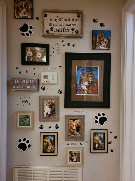 Dog Room Wall Decor, Pet Gallery Wall, Dog Things For The Home, Dog Photo Wall, Dog Areas In House, Pet Room Ideas, Creative Accent Wall Ideas, Pet Memorial Ideas Dogs, Dog Living Room