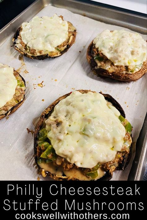 Start after mushrooms on a baking sheet Cozy Fall Recipes, Philly Steak, Cheese Stuffed Mushrooms, Steak And Mushrooms, Philly Cheese, Cheese Steak, Philly Cheesesteak, Portobello Mushroom, Quick Easy Dinner