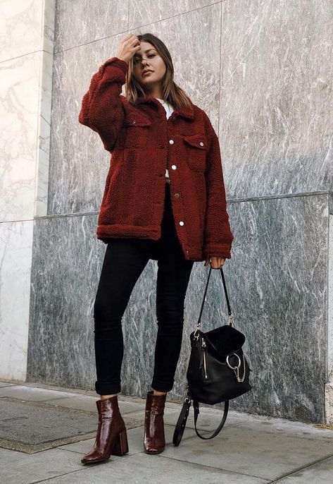 black ankle jeans, deep red leather booties, red corduroy jacket and a black handbag. Visit Daily Dress Me at dailydressme.com for more inspiration                    women's fashion 2018, fall fashion, casual outfits, women's blouses, jackets, coats, street stye, NY street style, ankle jeans, booties, boots, heels, Red Corduroy Jacket, Daily Dress Me, Ny Street Style, Casual Chique Stijl, Fall Fashion Coats, Style Casual Chic, غرفة ملابس, Urban Street Style, Outfit Jeans