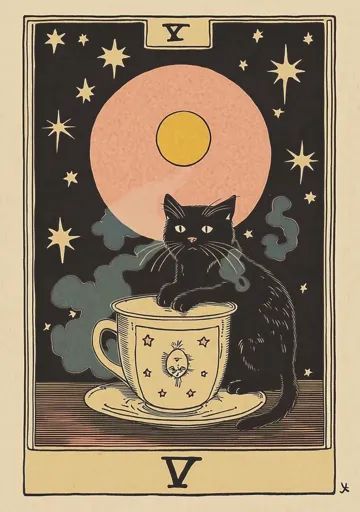 ↑↑↑ Larger size on website 🔸 The image is a tarot card, with a black cat sitting on a teacup with a saucer. The teacup has a yell Cat Tarot Cards, Cat With Coffee, Black Cat Sitting, Coffee Steam, Vintage Hair Salons, Rider Waite Tarot Cards, Tarot Card Art, Vintage Tarot Cards, Tarot Card Design