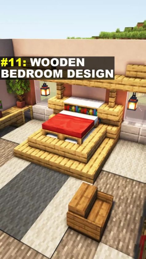 Minecraft Cool Ideas Survival, Minecraft Single Bed Ideas, Minecraft Building Ideas Bedroom, Wooden Bedroom Design, Bedroom In Minecraft, Minecraft Bed Ideas, Bed Minecraft, Minecraft Bedroom Ideas, Minecraft Bedding