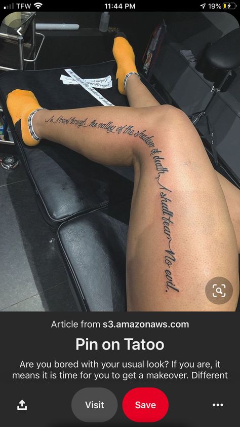 Leg Quote Tattoo, Side Leg Tattoo, Thigh Tattoo Quotes, Back Of Leg Tattoos, Butterfly Tattoos Images, Cute Thigh Tattoos, Lower Leg Tattoos, Girl Neck Tattoos, Word Tattoo