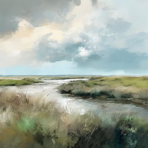 This serene landscape painting depicts a tranquil marsh scene with tall grasses swaying gently in the breeze. A meandering stream cuts through the marsh, leading towards a vast expanse of water and sky. The muted tones of the clouds and the soft hues of the landscape create a calming and contemplative atmosphere. Watercolour Clouds, Cloud Paintings, Grass Landscape, Tall Grasses, Abstract Ideas, Cold Wax Painting, Watercolor Clouds, Landscape Inspiration, Serene Landscape