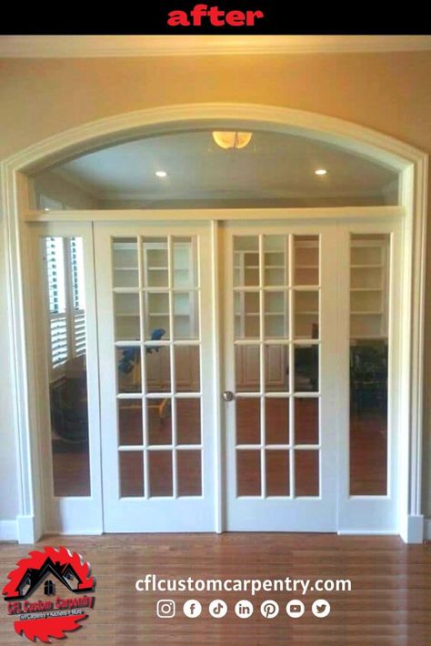 Custom Door by CFL Custom Carpentry Interior French Doors With Sidelights, Arched French Doors Interior, French Doors To Office, Glass French Doors Interior, Sliding Doors Design, French Doors Office, Office French Doors, Archways In Homes, Arched Interior Doors