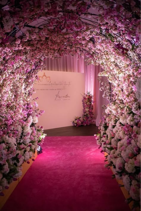 Photo Wall Quinceañera, Quince Decorations Flowers, Quince Decorations Pink Butterfly, Quince Salon Decorations, Quince Entrance Decor, Debut Entrance Decoration, Flower Quince Theme, 15 Party Decoration, Pink Enchanted Forest Quinceanera