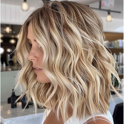 Tousled Beach Waves with Balayage Trendy Waves Hair, Blonde Beach Waves Medium, Beach Wave Bob With Bangs, Beach Waves Hairstyles Medium, Blonde Beachy Waves, Medium Blond Hairstyles, Long Bob With Waves, Beach Wave Perm Medium Hair, Simple Beach Waves Hair