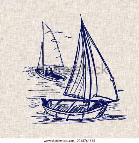 Coastal Sailboat Pillow Designs Template Indigo Stock Illustration 2018764865 Sailboat Illustration, Sailing Fashion, British Seaside, Jute Fabric, Soft Furnishings Cushions, Pillow Designs, California Coast, Coastal Living, Living Design