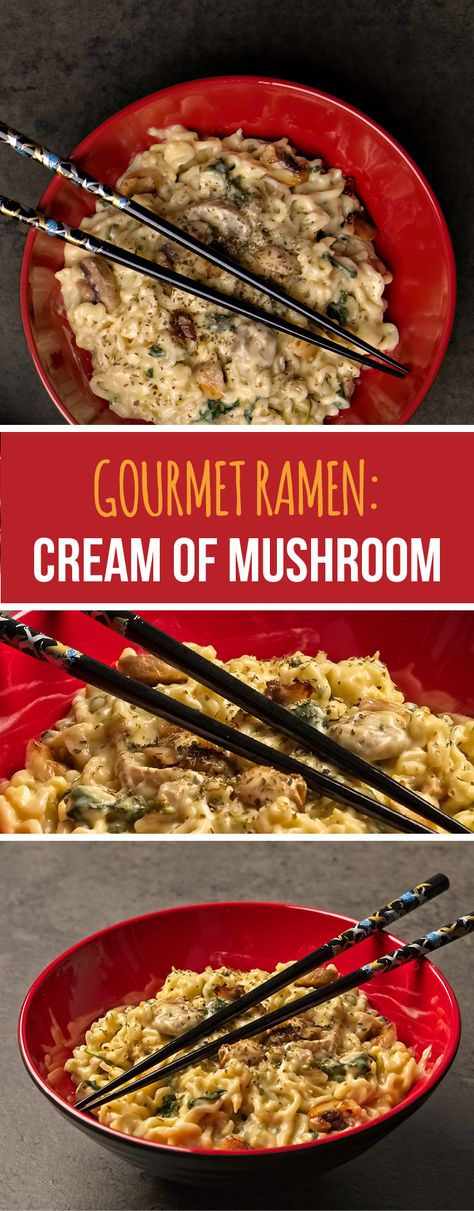 Mushrooms, spinach, garlic—this ramen has everything you crave in a hearty casserole dish, and no one would ever guess it only took a packet of ramen and a few extra ingredients to make it! | #ramen #dinner #mushroom Creative Ramen Noodle Recipes, Recipes With Canned Mushrooms, Ramen Noodle Recipes Cream Of Mushroom, Ramen Noodles With Cream Of Mushroom, Ramen With Mushroom Soup, Ramen And Cream Of Mushroom Soup, Cream Of Mushroom Soup Ramen, Cream Of Mushroom Ramen Noodles, Creamy Mushroom Ramen