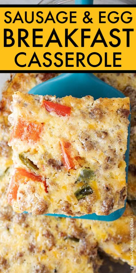 Looking for your next favorite easy breakfast recipe the whole family will love? Try this simple and hearty Sausage and Egg Breakfast Casserole! It's packed with cheese, ground sausage, and flavorful vegetables and seasonings for a flavor combination you'll love. Breakfast Recipes With Ground Sausage, Breakfast Ground Sausage Recipes, Breakfast With Sausage And Eggs, Egg And Sausage Bake, Egg Bake Recipes Sausage, Egg Sausage Cheese Casserole, Sausage Breakfast Casserole Recipes, Breakfast Casserole No Potatoes, Chicken Sausage Recipes Breakfast