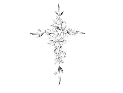 Floral Faith Tattoo, Floral Cross Drawing, Cross Vine Tattoo, Cross Made Of Flowers Tattoo, Beautiful Cross Tattoos, Vine Cross Tattoo, Cross Tattoo Designs Feminine, Floral Cross Tattoos For Women, Sunflower Cross Tattoo