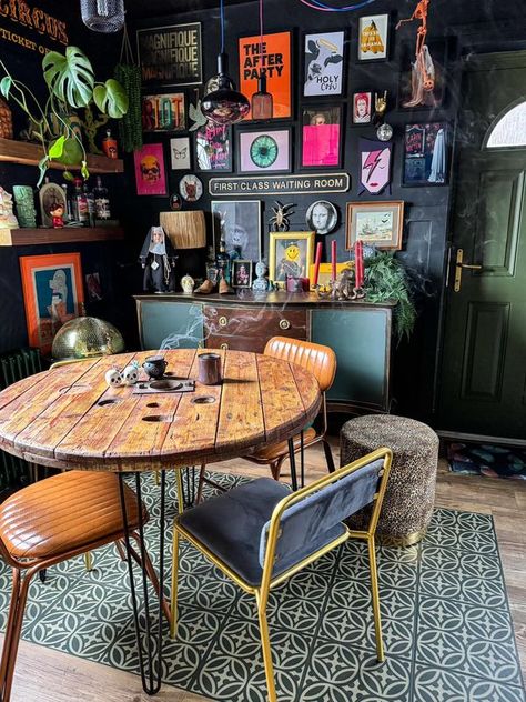 Maximalist Design and Decor | Some pics of my home I like dark walls with pops of colour and little spooky 👻 | Facebook Dark Maximalist Decor, Strange Decor, Dark Maximalist, Maximalist Design, Dark Home Decor, Dark Home, Dark Walls, Maximalist Decor, Small Apartment Decorating