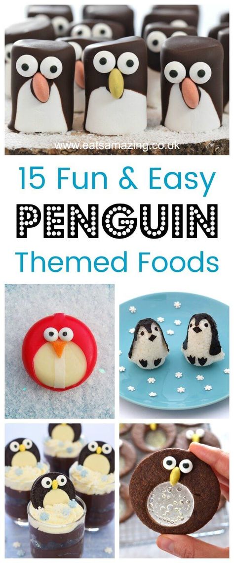 More than 15 fun penguin themed food ideas for kids - perfect for winter themed party food and fun snacks - Eats Amazing UK   #funfood #kidsfood #cutefood #foodart #edibleart #ediblecraft #penguins #penguin #partyfood #Christmasfood #christmaskids #festivefood #christmasparty #winterfood Bird Themed Snacks, Bird Snacks For Kids, Penguin Pull Apart Cupcakes, Penguin Treats, Penguin Appetizers, Bird Snacks, Penguin Snacks, Winter Themed Party, Penguin Birthday Party