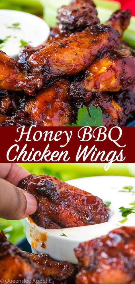 Honey BBQ Chicken Wings ~ Recipe | Queenslee Appétit Peking Chicken, Chicken Wing Sauce Recipes, Honey Bbq Chicken Wings, Sticky Wings, Bbq Chicken Wings Recipe, Wings Recipe Baked, Honey Bbq Wings, Chicken Tenders Recipe, Wing Sauce Recipes