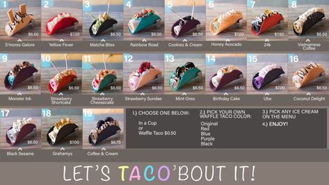 Menu – Sweet Rolled Tacos – Ice Cream Tacos – Sweet treat in a Cup – Garden Grove Sweet Rolled Tacos, Food Truck Ice Cream Ideas, Rolled Ice Cream Shop, Ice Cream Truck Ideas Design, Rolled Ice Cream Recipes, Ice Cream Business Ideas, Ice Cream Shop Interior Design, Taco Ice Cream, Ice Cream Shop Design