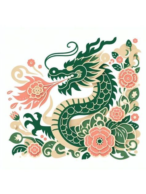 For a Green Wooden Dragon Breathing Flowers, create a flowing dragon with ornate scales and a majestic mane. Incorporate florals in its breath, merging with the body. Use a palette of greens, pinks, and creams, highlighting details for depth. Cute Chinese Dragon Drawing, Year Of Dragon Tattoo, Filipino Dragon, Dragon Illustration Design, Lunar New Year Drawing, New Year Drawings, Green Dragon Art, New Year Drawing Ideas, Tropical Dragon