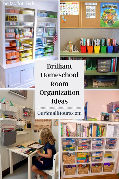 Homeschool Shelves Organization, Homeschool Book Shelf Organization, Learning Room At Home, Setting Up A Homeschool Room, Homeschool Room Organization Storage, Homeschool Basement Ideas, Homeschooling Desk Ideas, 2nd Grade Homeschool Classroom Setup, Homeschool Craft Organization