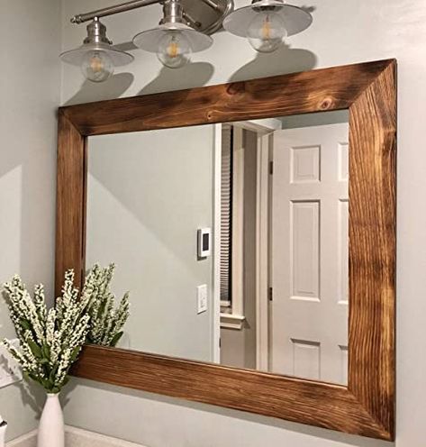 Amazon.com: Shiplap Rustic Wood Framed Mirror, 20 Stain Colors, Early American - Reclaimed Rustic Styled Wood, Big Bathroom Mirror, Large Over Sink Vanity Mirror, Mirror For Wall, Primitive Wood Wall Mirror : Handmade Products Bathroom Mirrors Uk, Diy Wood Mirror Frame, Wood Framed Bathroom Mirrors, Bathroom Mirrors Diy, Bathroom Vanity Mirrors, Bathroom Mirror Frame, Mirror Frame Diy, Wooden Mirror Frame, Rustic Mirrors