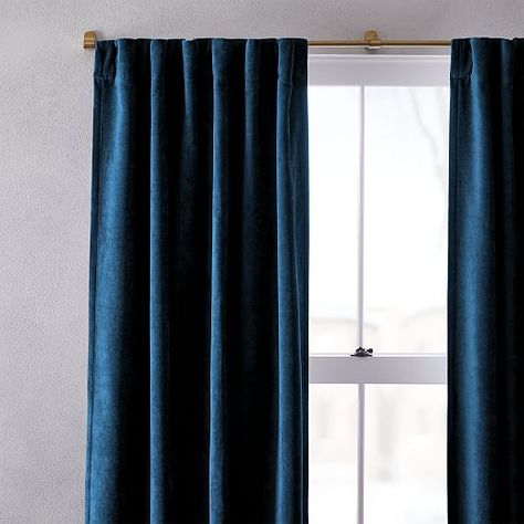 Blue Velvet Curtains, Mid Century Curtains, Metal Curtain Rod, Striped Curtains, Metal Curtain, Blue Curtains, Curtain Hardware, Window Insulation, Velvet Curtains