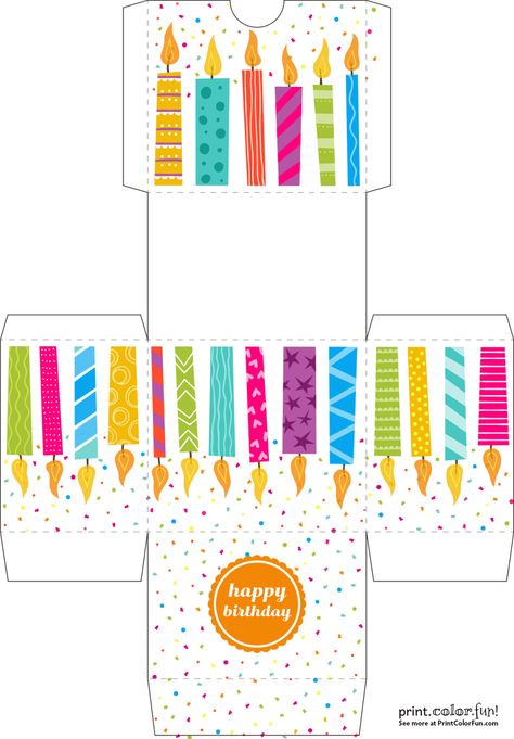 Birthday cut-out gift box with candle design coloring page - Print. Color. Fun! Pola Amplop, Happy Birthday Envelope, Gift Box Template Printable, Box Templates Printable Free, Diy Gift Box Template, Free Birthday Gifts, Box Template Printable, Paper Box Template, Candle Design