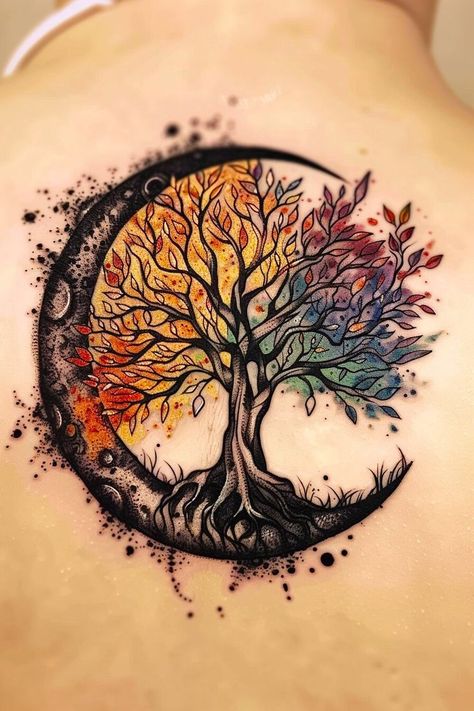 Tattoos Tree Of Life Woman, Moon And Tree Of Life Tattoo, Unique Music Tattoos For Women, Enso Tree Of Life Tattoo, Tree Of Life With Birth Flowers Tattoo, Tattoo Ideas Female Native American, Renewal Tattoo Ideas, Disney Tree Of Life Tattoo, Female Tree Of Life Tattoo