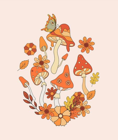 Retro 70s hippie mushrooms, leaves and butterfly flat vector illustration. Vintage autumn vibe psychedelic elements in 80s style. Retro Hippy Aesthetic, Hippie Mushroom Art, Mushroom Graphic Design, 70s Mushroom Art, Mushroom Art Hippie, Hippie Wall Painting, Vintage Hippie Aesthetic, Mushroom Mural, Mushroom Princess