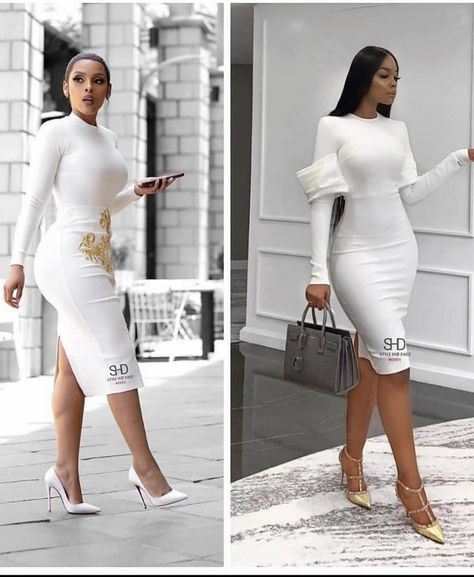 Best Lady Dresses Wedding In Nigeria, White Church Outfit, Court Marriage Outfit, Pencil Gown, White Dress Classy, Classy White Dress, White Dress Styles, Classy Outfit Ideas, Wedding Dress Bustle