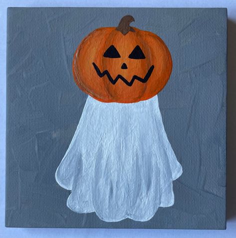 5"x5" Hand Painted Halloween Ghost with Pumpkin Head Canvas Painting This small ghost painting is the perfect addition to your fall/Halloween decor.  Hand painted on a 5"x5" canvas with acrylic paint, each painting is one of a kind.  A great gift for a friend or family member or perfect just for you! Simple Halloween Paintings On Canvas, Paint Vibes, Pumpkin Canvas Painting, Ghost Paintings, Halloween Canvas Paintings, Ghost With Pumpkin, Canvas With Acrylic Paint, Art Mini Toile, Halloween Canvas Art