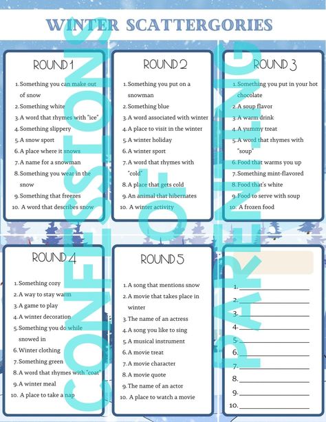 Snowtastic Winter Scattergories Printable Scattergories Lists, Animals That Hibernate, A Snowy Day, Holiday Classroom, Snowed In, Paper Games, Different Games, Snowy Day, Word Games