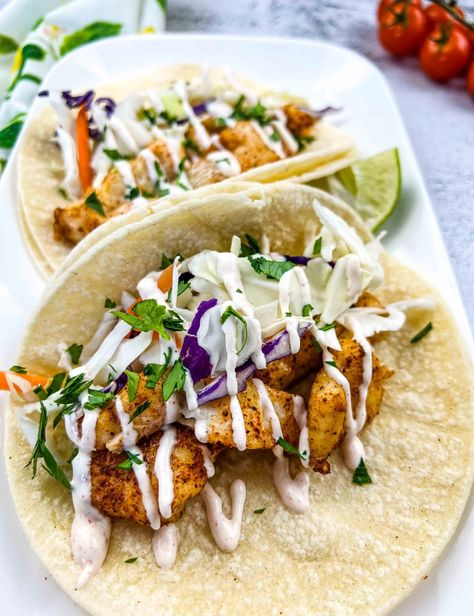 Baja Fish Tacos - Cook What You Love Dinner Recipes Mexican Cod Fish Recipes, Cod Tacos Recipes, Cod Taco Recipes, White Sauce For Fish, Halibut Fish Tacos, Mexican Fish Tacos, Cod Tacos, Halibut Tacos, Salmon Fish Tacos