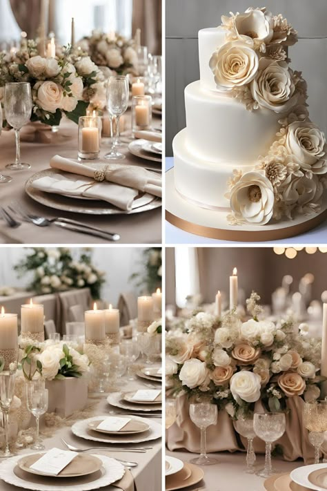 Beige and Champagne Wedding Color Ideas: Beautiful Beige, Champagne, and Off-White Ideas - Francisca's Bridal White Gold And Beige Wedding, Cream And Ivory Wedding Color Schemes, Neutral And Greenery Wedding Decor, Wedding Colors With Champagne, Prettiest Wedding Colors, Champagne Wedding Theme Ceremony Decor, Cream And Gold Wedding Theme, Fall Wedding Champagne Color, Wedding With Champagne Colors