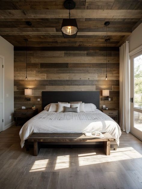 Create a stunning accent wall in your master bedroom by using reclaimed wood panels or geometric wallpaper. Pair it with a sleek platform bed and add dramatic pendant lights for a modern and chic look. Wood Effect Wallpaper Bedroom, Pallet Wood Accent Wall Bedroom, White Wood Accent Wall Bedroom, Bedroom With Wood Accent Wall, Bedroom With Wood Wall, Shiplap Bedroom Accent Wall, Wooden Accent Wall Bedroom, Wood Feature Wall Bedroom, Wooden Walls Bedroom