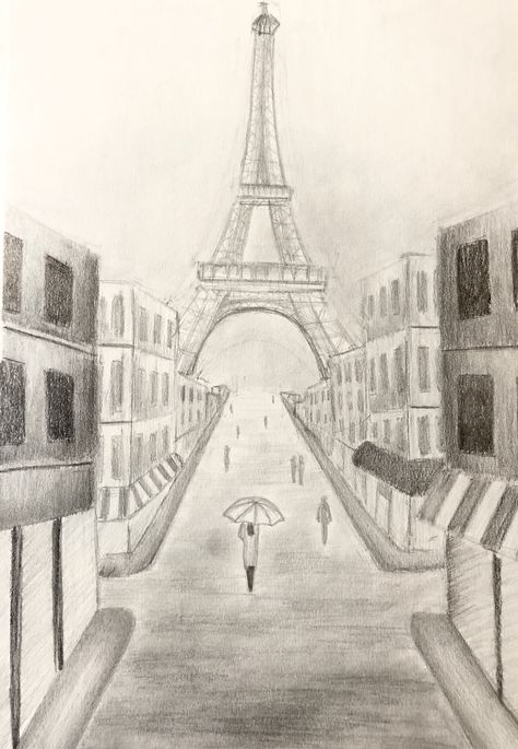 Eiffel Tower Sketch Easy, London Perspective Drawing, Street Drawing Sketches Easy, Winter Drawing Ideas Sketch Easy, City Streets Drawing, How To Draw Eiffel Tower, Paris Sketch Easy, Drawing Ideas Paris, Paris Sketch Pencil