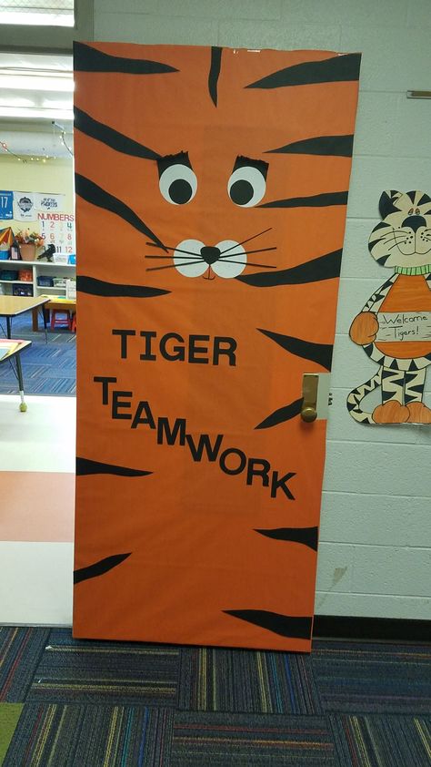 Tiger Classroom Door, Speech Classroom, Tropical Doors, Tiger Jungle, Birthday Bulletin Boards, Birthday Bulletin, Jungle Tree, Diy Classroom Decorations, Classroom Doors