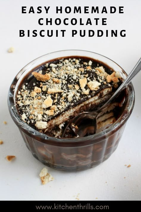 Boozy Chocolate Pudding, Hershey Chocolate Syrup, Biscuit Pudding Recipe, Biscuit Cake Recipe, Chocolate Biscuit Pudding, Marie Biscuits, Easy Chocolate Pudding, Biscuit Pudding, Homemade Chocolate Pudding